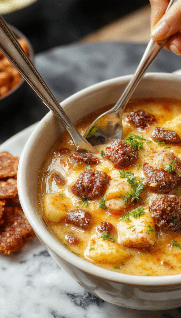 A rustic white bowl filled with hearty beef and potato stew, topped with melted cheese and fresh herbs. The dish showcases tender chunks of beef, golden roasted potatoes, and vibrant green garnishes, all arranged invitingly on a wooden surface with steam rising, emphasizing warmth and comfort.