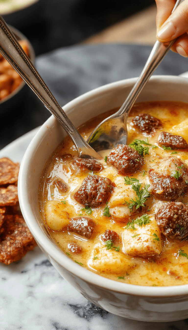 A rustic white bowl filled with hearty beef and potato stew, topped with melted cheese and fresh herbs. The dish showcases tender chunks of beef, golden roasted potatoes, and vibrant green garnishes, all arranged invitingly on a wooden surface with steam rising, emphasizing warmth and comfort.