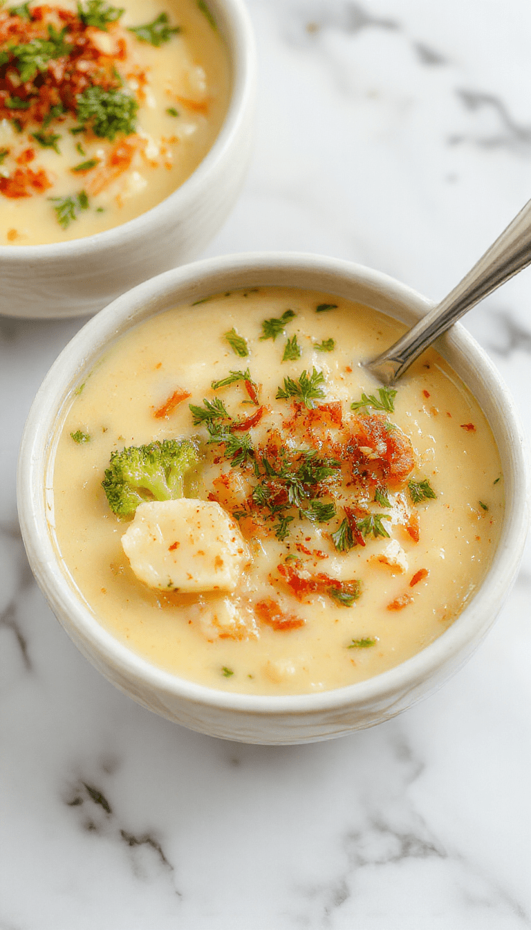 A vibrant bowl of creamy broccoli potato cheese soup with a smooth texture, topped with melted cheese and fresh green broccoli florets, served on a rustic wooden table with a slice of crusty bread on the side, steam rising, highlighting its warm and comforting appeal.