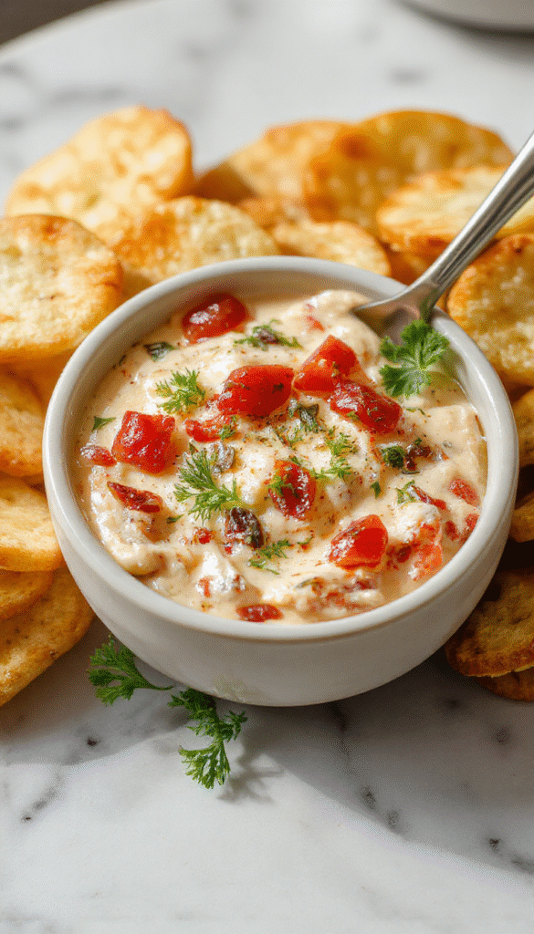 A vibrant bowl of creamy bruschetta dip topped with chopped tomatoes, fresh basil, and drizzled olive oil, served with toasted baguette slices and colorful vegetable sticks, all styled on a rustic wooden platter with a bright, inviting background.