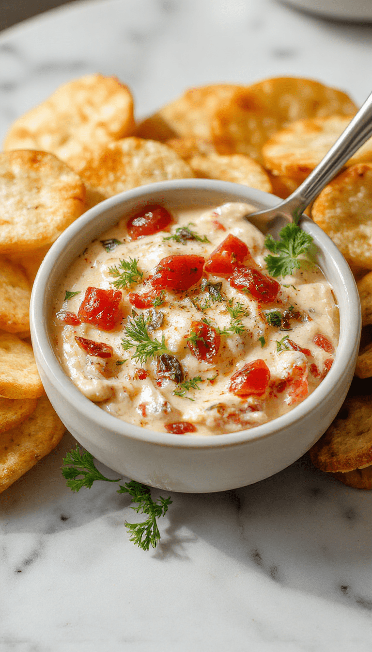 A vibrant bowl of creamy bruschetta dip topped with chopped tomatoes, fresh basil, and drizzled olive oil, served with toasted baguette slices and colorful vegetable sticks, all styled on a rustic wooden platter with a bright, inviting background.