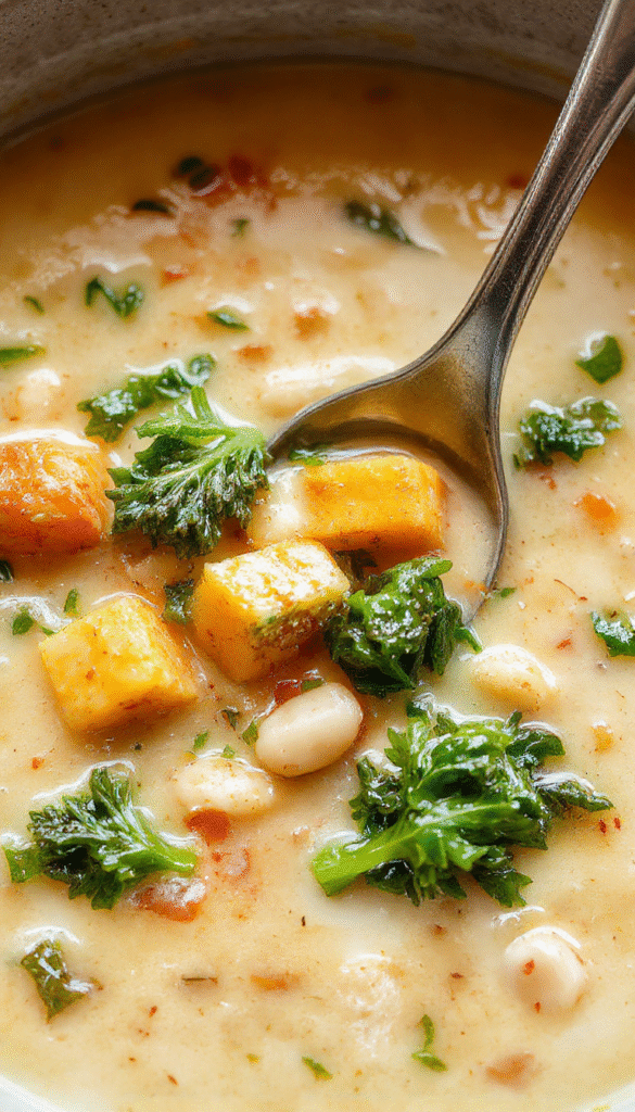 A vibrant bowl of butternut squash, kale, and white bean soup with a rich, creamy texture. The soup is served in a rustic bowl, garnished with fresh herbs, showcasing orange, green, and white hues. The background features a wooden table with a spoon and a slice of bread, emphasizing warm, wholesome comfort food.