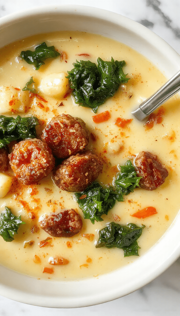 A vibrant bowl of creamy cauliflower sausage kale soup featuring a smooth, velvety texture with pieces of sausage, bright green kale leaves, and chunks of cauliflower, garnished with fresh herbs and served in a rustic white bowl on a wooden table.