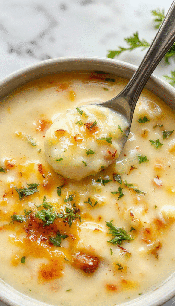 A vibrant bowl of creamy potato soup topped with melted cheddar cheese, fresh herbs, and crispy garlic cr outings, served in a rustic ceramic bowl on a wooden table with a sprig of parsley, showcasing a smooth, velvety texture, warm tones, and inviting presentation.