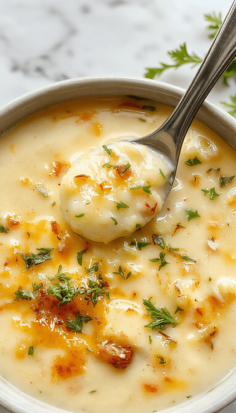 A vibrant bowl of creamy potato soup topped with melted cheddar cheese, fresh herbs, and crispy garlic cr outings, served in a rustic ceramic bowl on a wooden table with a sprig of parsley, showcasing a smooth, velvety texture, warm tones, and inviting presentation.