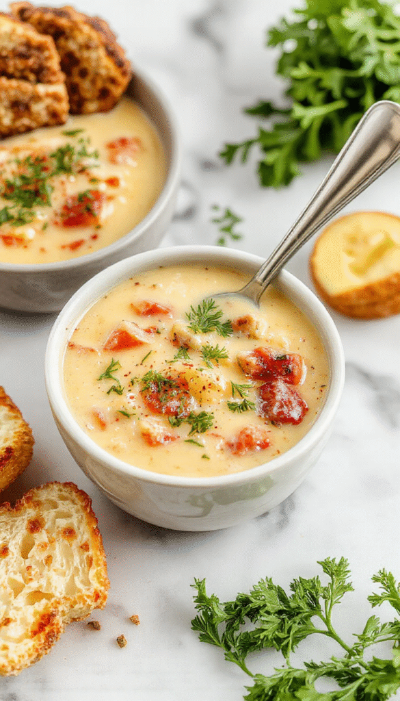 A steaming bowl of cheeseburger soup topped with shredded cheddar cheese, chopped green onions, and crispy bacon bits, served in a rustic white bowl on a wooden table. The soup has a rich, creamy texture with bits of ground beef, diced tomatoes, and melted cheese, garnished with fresh herbs, creating an inviting and comforting presentation.