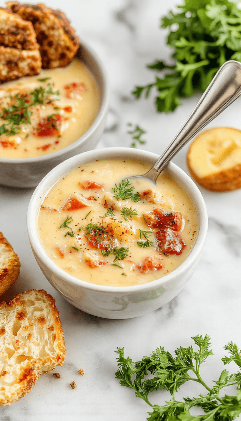 A steaming bowl of cheeseburger soup topped with shredded cheddar cheese, chopped green onions, and crispy bacon bits, served in a rustic white bowl on a wooden table. The soup has a rich, creamy texture with bits of ground beef, diced tomatoes, and melted cheese, garnished with fresh herbs, creating an inviting and comforting presentation.