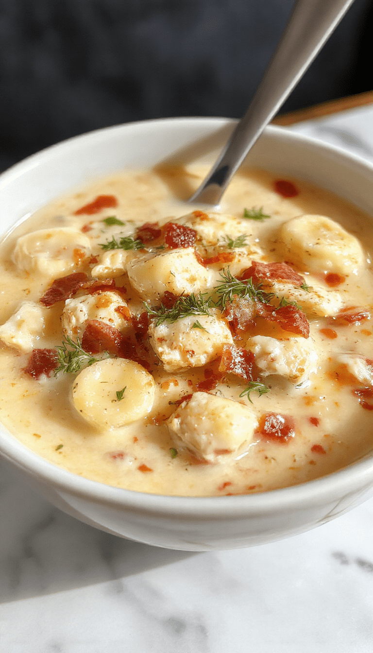 A cozy bowl of creamy chicken bacon gnocchi soup showcasing tender gnocchi, crispy bacon, shredded chicken, and fresh herbs in a rich, velvety sauce, garnished with chopped parsley, with a rustic wooden background and warm, inviting lighting.