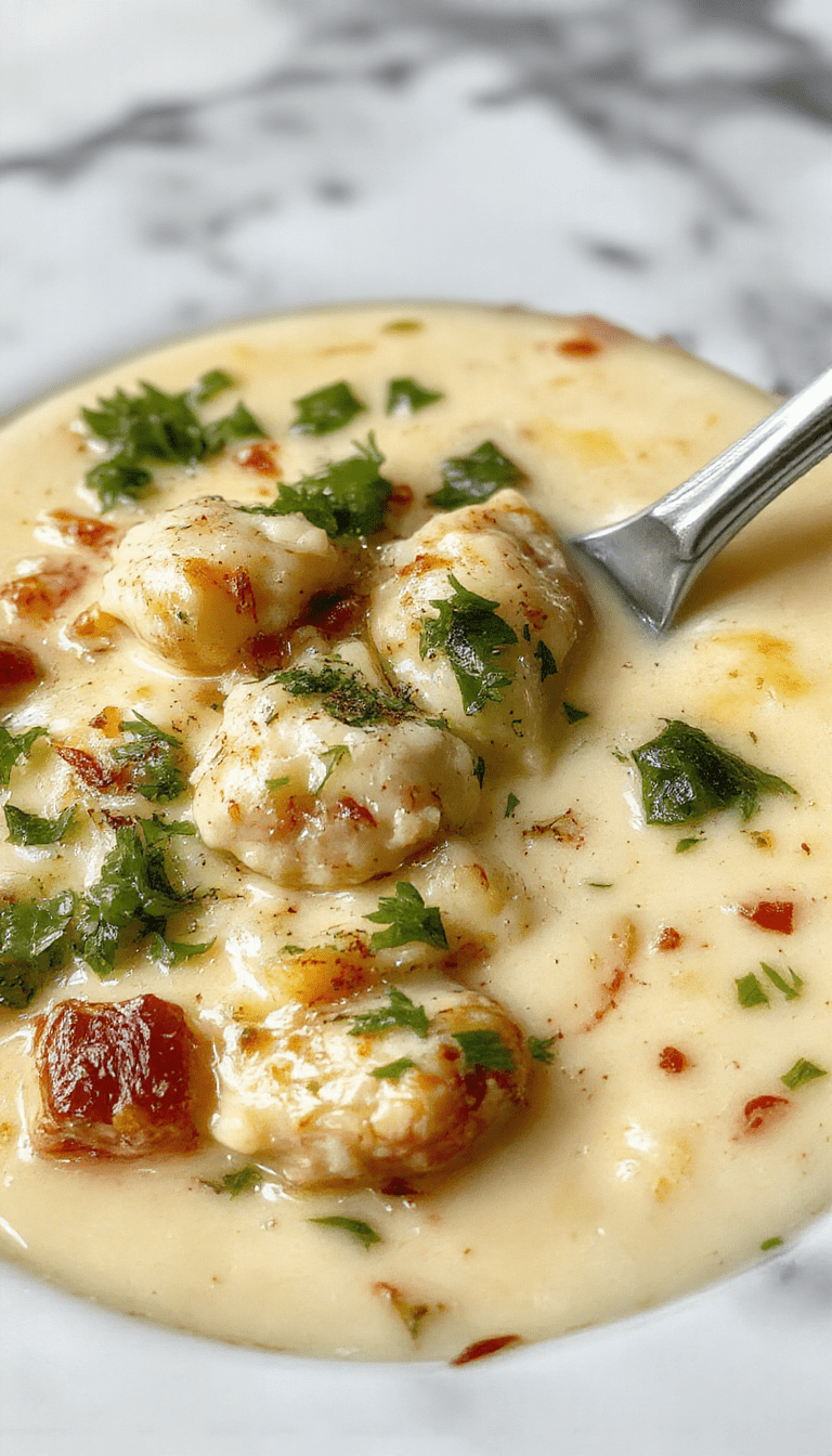 A steaming bowl of creamy Chicken Parmesan Soup garnished with fresh basil and melted cheese, served on a rustic wooden table with crusty bread on the side. The vibrant orange and white broth showcases tender chicken pieces, tomato sauce, and gooey cheese, creating an inviting and hearty presentation.