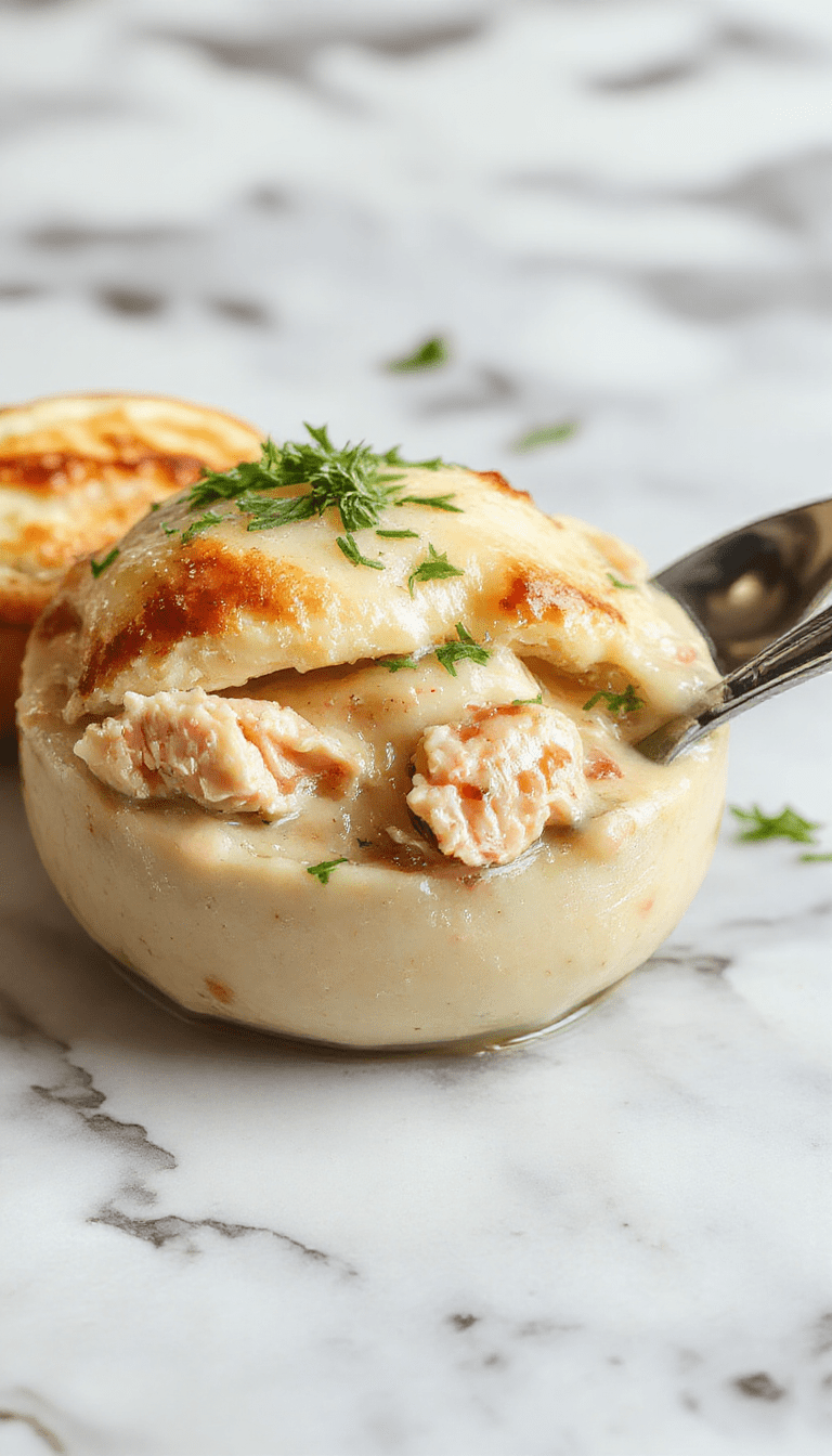 A vibrant bowl of chicken pot pie soup garnished with fresh herbs, showcasing tender chunks of chicken, vegetables, and a creamy golden broth, served in a rustic ceramic bowl on a wooden table with a spoon resting beside it.