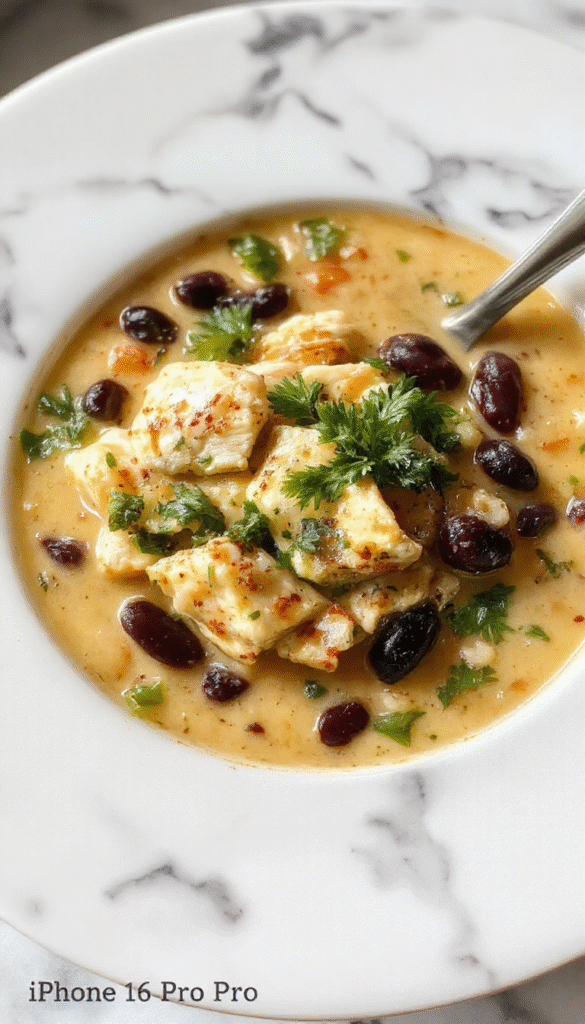 A vibrant, creamy chicken soup in a white bowl garnished with fresh cilantro and lime wedges. The soup features tender chicken pieces, sliced poblano peppers, and black beans, topped with a drizzle of creamy sauce. The bowl is presented on a rustic wooden table, with a spoon and a side of toasted bread, capturing a colorful, fresh, and hearty culinary scene.