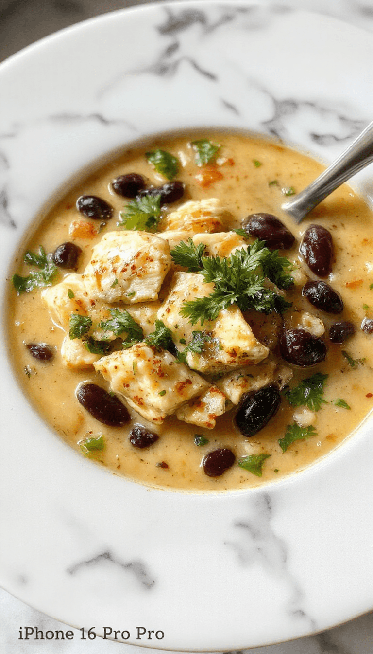 A vibrant, creamy chicken soup in a white bowl garnished with fresh cilantro and lime wedges. The soup features tender chicken pieces, sliced poblano peppers, and black beans, topped with a drizzle of creamy sauce. The bowl is presented on a rustic wooden table, with a spoon and a side of toasted bread, capturing a colorful, fresh, and hearty culinary scene.