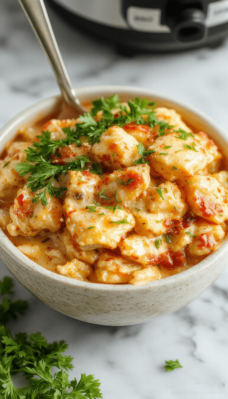 A vibrant, close-up image of a deliciously creamy chicken and rice dish served in a rustic white bowl, topped with chopped herbs. The dish showcases tender shredded chicken, fluffy rice coated in a rich, glossy sauce, and fresh green garnishes. The background features a wooden table with a spoon and a sprig of herbs, emphasizing a warm, comforting meal with inviting textures and colors.