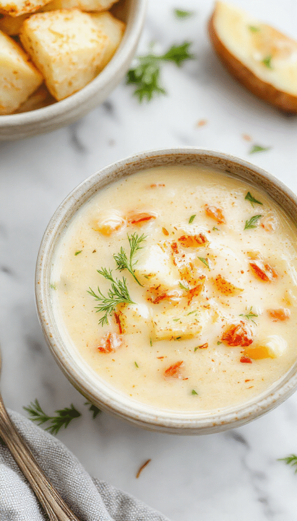 A warm and inviting bowl of creamy potato soup garnished with chopped green onions and crispy bacon bits on top, served in a rustic white bowl. The soup has a velvety texture with chunks of tender potatoes and is surrounded by fresh herbs and a side of crusty bread on a wooden table.