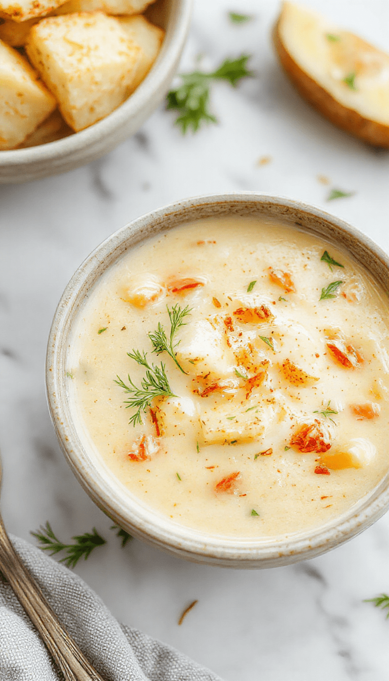 A warm and inviting bowl of creamy potato soup garnished with chopped green onions and crispy bacon bits on top, served in a rustic white bowl. The soup has a velvety texture with chunks of tender potatoes and is surrounded by fresh herbs and a side of crusty bread on a wooden table.