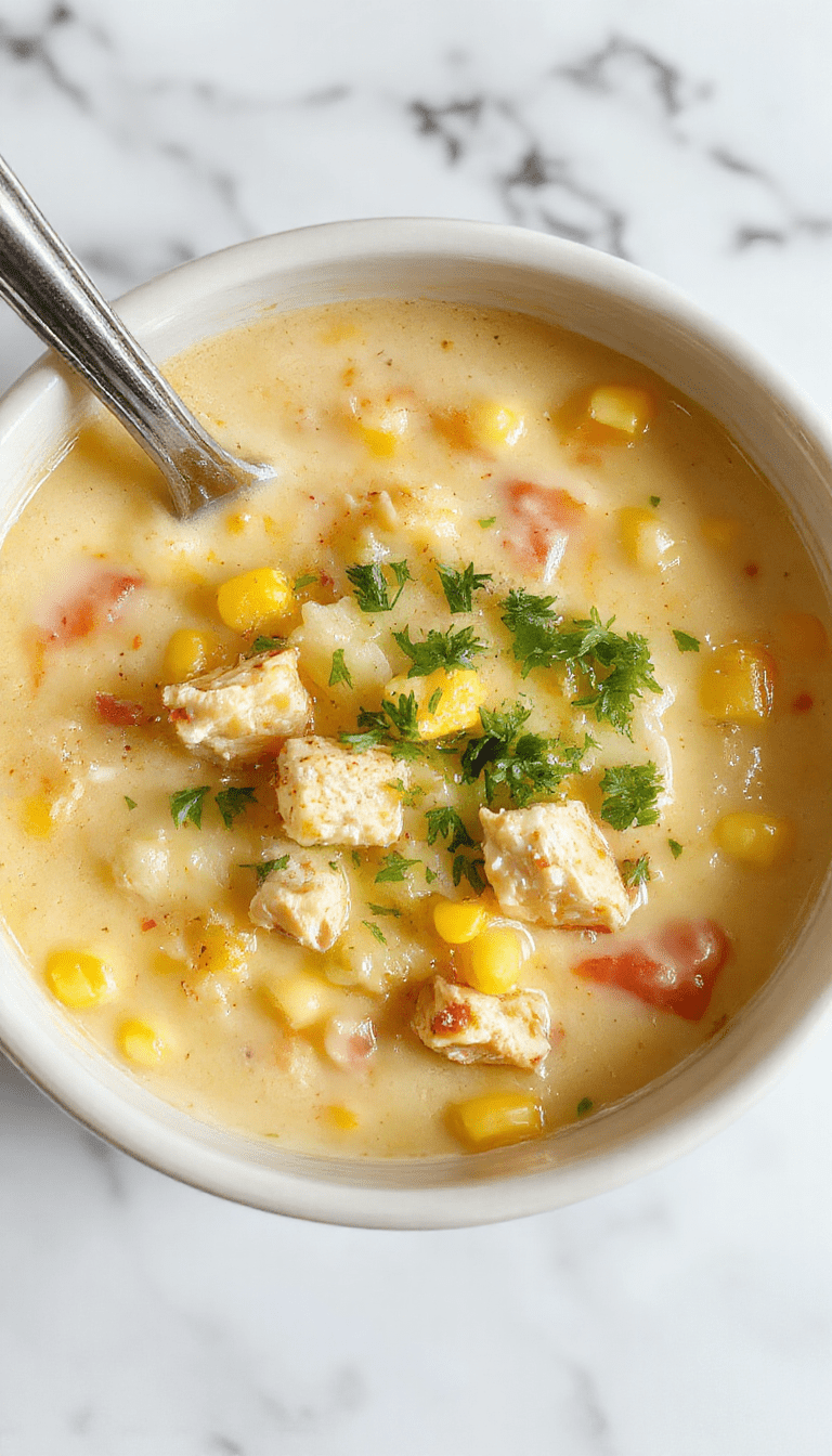 A warm bowl of creamy chicken corn chowder garnished with chopped green herbs, served on a rustic wooden table. The chowder has a rich, velvety texture with visible chunks of chicken, sweet corn, and potatoes, surrounded by fresh ingredients and a cozy kitchen ambiance.