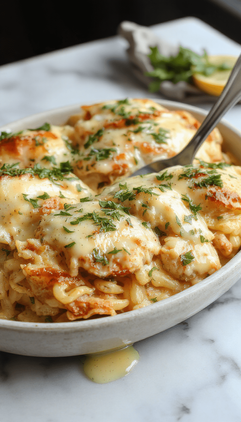 A vibrant close-up of a freshly baked chicken orzo casserole in a rustic ceramic dish, topped with melted cheese, caramelized onions, and fresh herbs. The casserole has a golden-brown crust with melty cheese strings, served alongside a side of greens. The presentation highlights the creamy texture of the orzo, with a perfectly caramelized onion topping and a sprinkle of parsley for color.