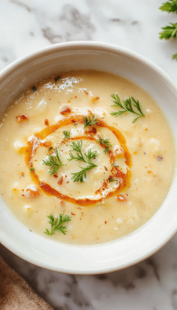 A vibrant bowl of creamy potato soup garnished with fresh herbs, served with a drizzle of olive oil on a rustic wooden table, topped with crispy bacon bits and a dollop of sour cream, showcasing a smooth, thick texture and rich colors.