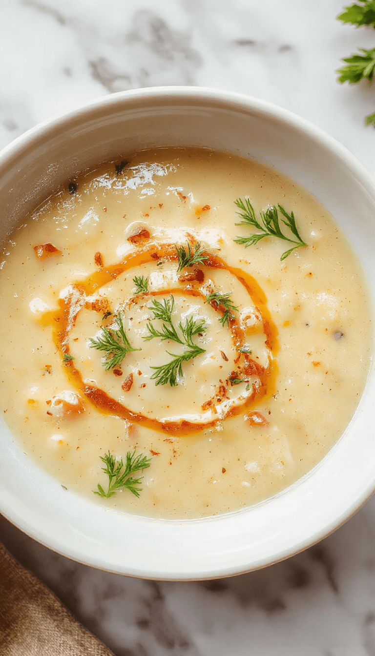 A vibrant bowl of creamy potato soup garnished with fresh herbs, served with a drizzle of olive oil on a rustic wooden table, topped with crispy bacon bits and a dollop of sour cream, showcasing a smooth, thick texture and rich colors.