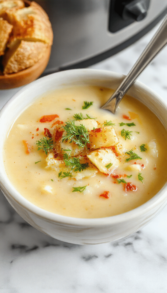 A steaming bowl of creamy loaded crockpot potato soup garnished with shredded cheese, crispy bacon bits, chopped chives, and dollops of sour cream, surrounded by rustic wooden background. The soup features a thick, velvety texture with golden-brown bacon pieces and vibrant green chives on top, inviting warm comfort.