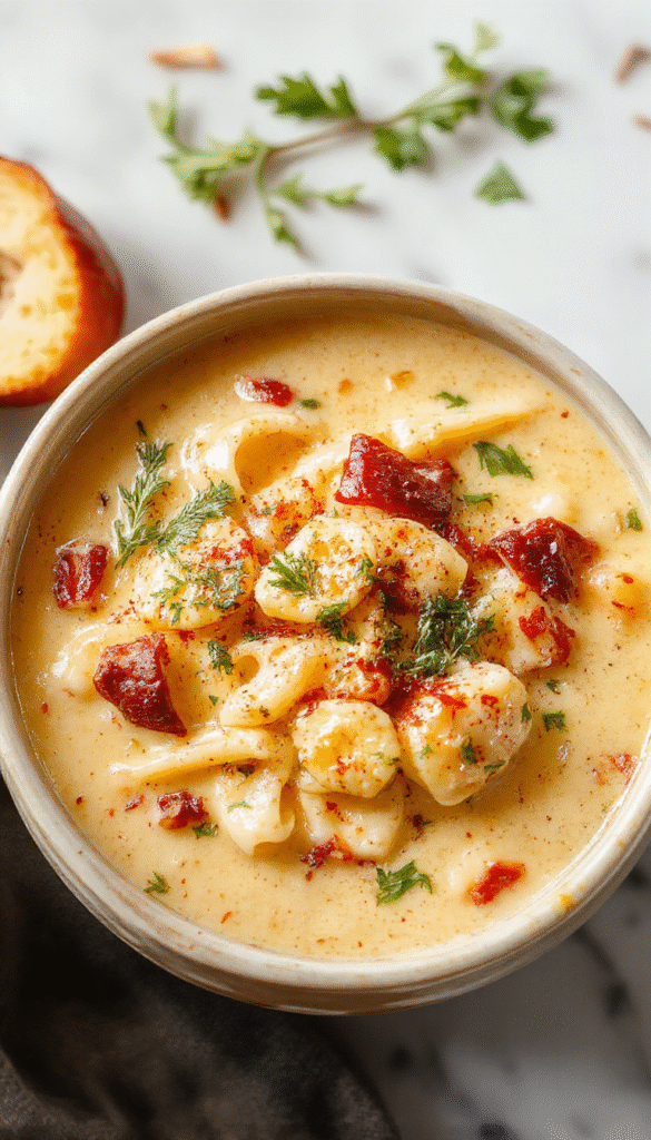 A steaming bowl of creamy Parmesan pasta soup with golden-brown toasted bread on the side, garnished with grated Parmesan cheese, fresh parsley, and black pepper. The soup has a smooth, velvety texture with visible pasta and herbs, presented in a rustic white bowl on a wooden table, evoking warmth and comfort.
