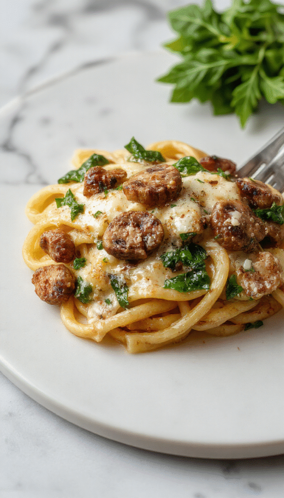 A vibrant plate of creamy parmesan spinach mushroom pasta garnished with fresh herbs, showcasing tender pasta coated in a rich sauce, topped with sautéed mushrooms and bright green spinach leaves, served on a rustic white plate with a sprinkle of grated parmesan and a drizzle of olive oil.