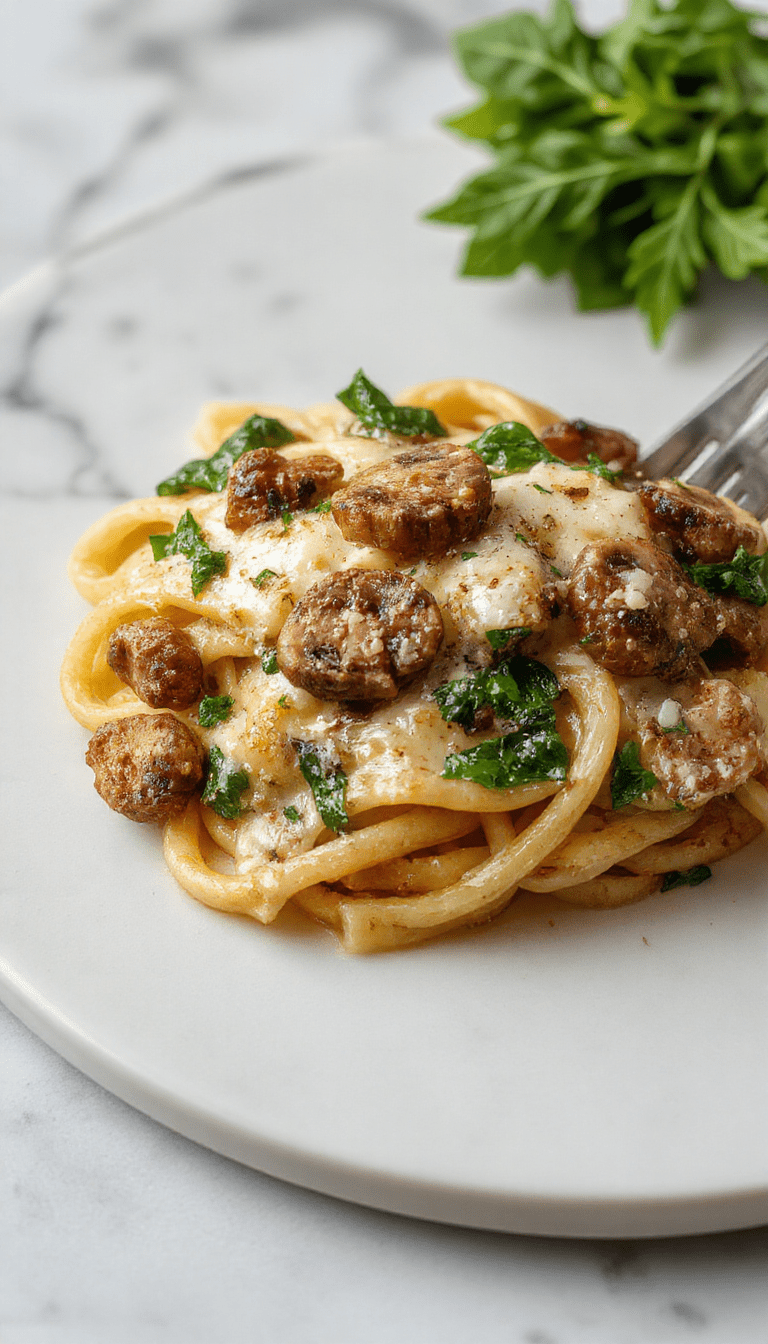 A vibrant plate of creamy parmesan spinach mushroom pasta garnished with fresh herbs, showcasing tender pasta coated in a rich sauce, topped with sautéed mushrooms and bright green spinach leaves, served on a rustic white plate with a sprinkle of grated parmesan and a drizzle of olive oil.