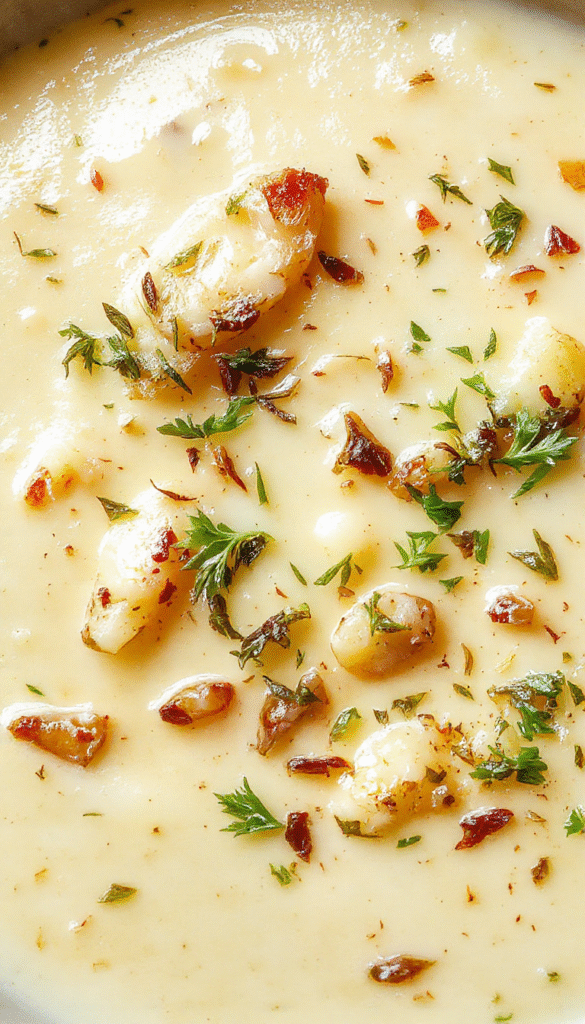 A vibrant bowl of creamy roasted garlic potato soup featuring a smooth, velvety texture with golden roasted garlic cloves and garnished with fresh herbs on a rustic wooden table, surrounded by fresh potatoes and garlic bulbs, with steam rising, styled for a cozy, inviting atmosphere.