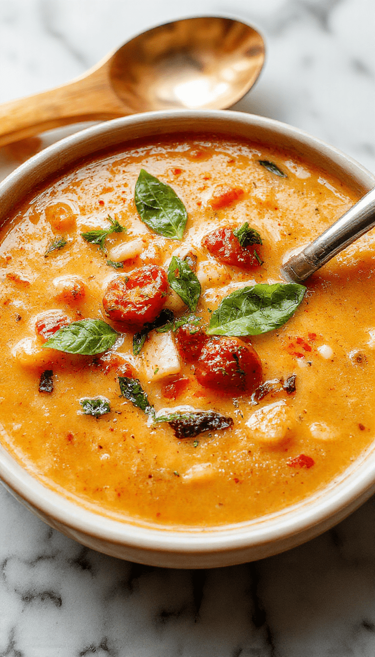 A vibrant bowl of roasted tomato basil soup showcasing rich red and green hues, topped with fresh basil leaves. The soup is smooth with a slightly rustic texture, served in a rustic white bowl on a wooden table, garnished with a drizzle of olive oil and croutons, styled with a sprig of basil nearby for a fresh touch.
