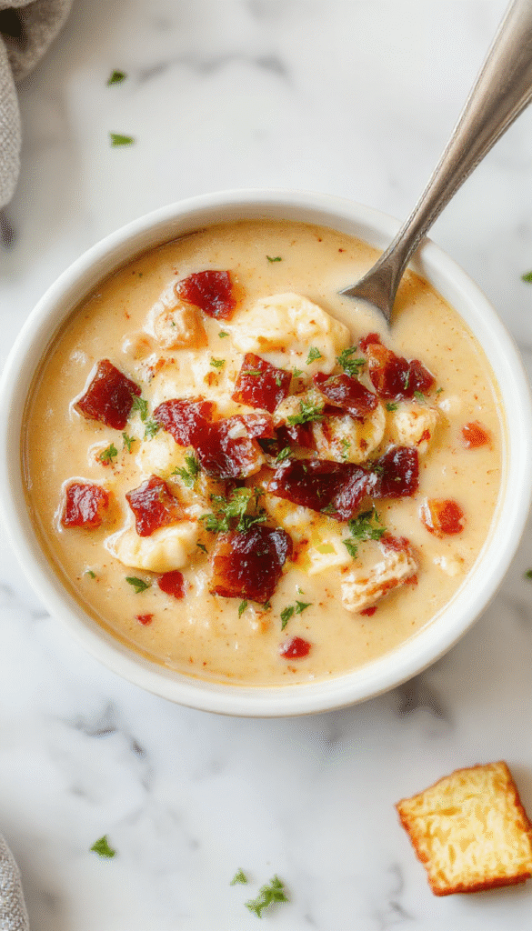 A steaming bowl of creamy chicken soup garnished with crispy bacon bits and shredded cheese, with fresh herbs sprinkled on top. The soup is served in a rustic white bowl on a wooden tray, with a spoon resting beside it, highlighting its rich, creamy texture and hearty ingredients. The background features a cozy kitchen setting with warm lighting.