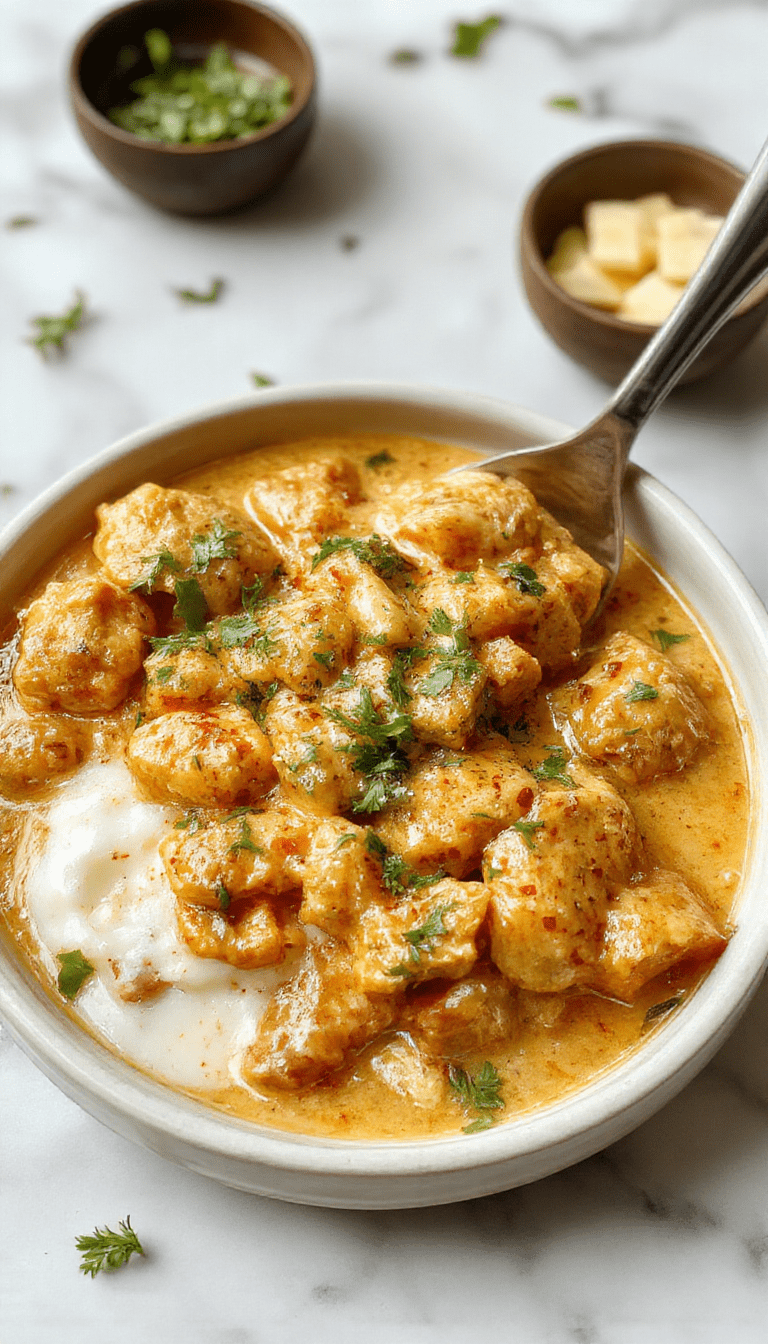 A vibrant bowl of creamy butter chicken garnished with fresh cilantro on a rustic wooden table, surrounded by naan bread and a side of basmati rice. The dish features tender chicken in a rich, orange-hued tomato-based sauce with a glossy finish and aromatic spices, topped with a dollop of cream and a sprig of cilantro, styled in an inviting and warm presentation.