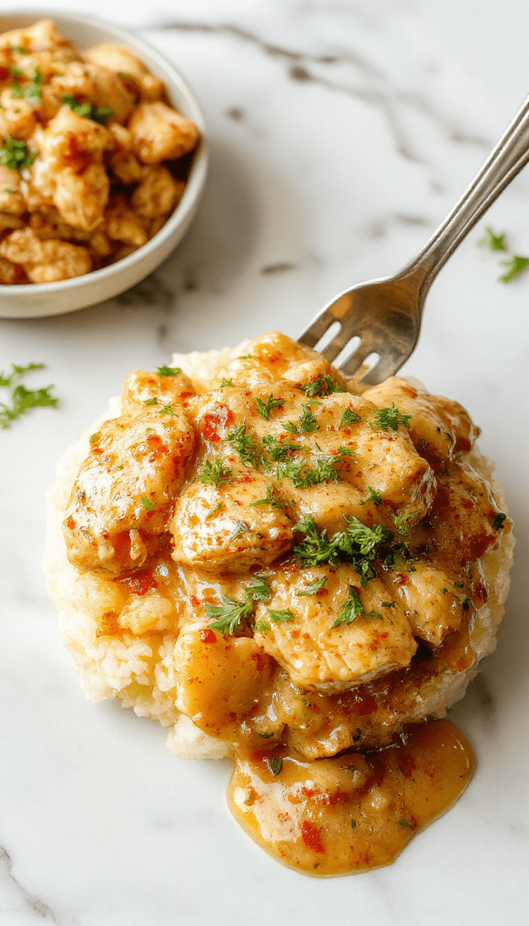 A close-up of a creamy, hearty chicken and rice dish garnished with fresh herbs. The chicken is smothered in a rich sauce, served on a rustic plate with fluffy rice and colorful vegetables, emphasizing textures and creamy sauce.