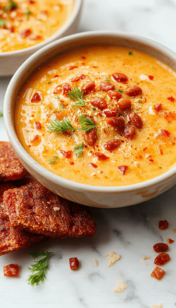 A vibrant bowl of orange carrot soup garnished with sesame seeds and red chili flakes, placed on a rustic wooden table. The soup has a smooth, creamy texture and is accompanied by fresh carrot slices and a sprig of cilantro, styled in a modern, minimalist setting with a warm ambiance.