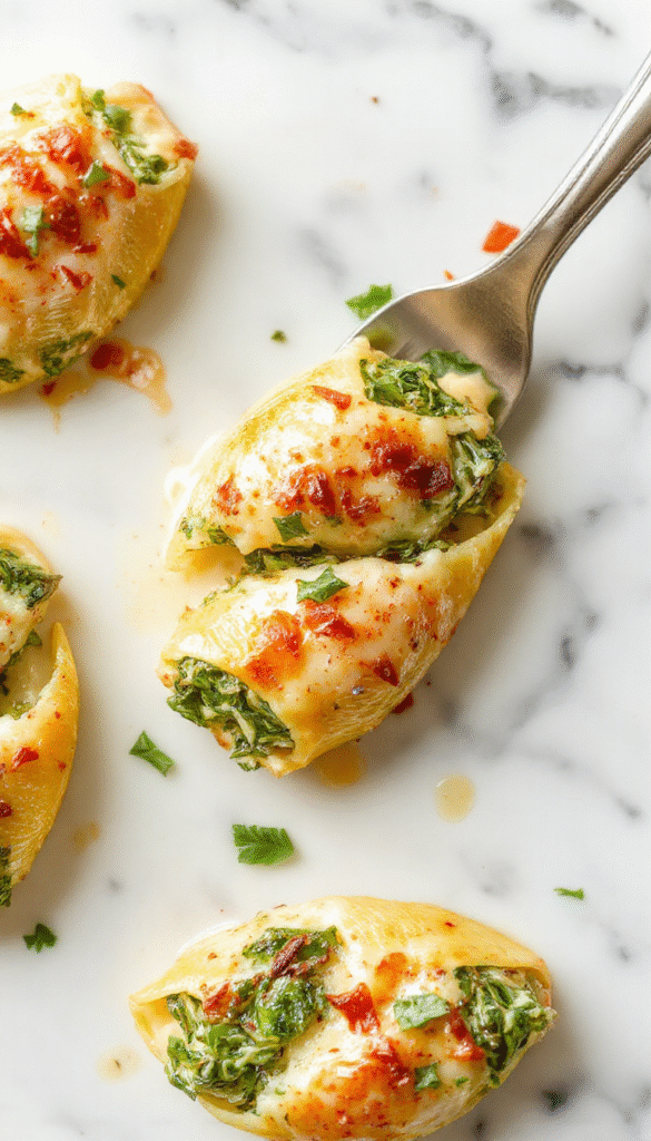 A close-up of creamy stuffed pasta shells filled with vibrant green spinach and soft ricotta cheese, topped with melted golden cheese, served on a rustic white plate with fresh basil garnish, detailed textures of the cheesy filling and tender pasta visible.