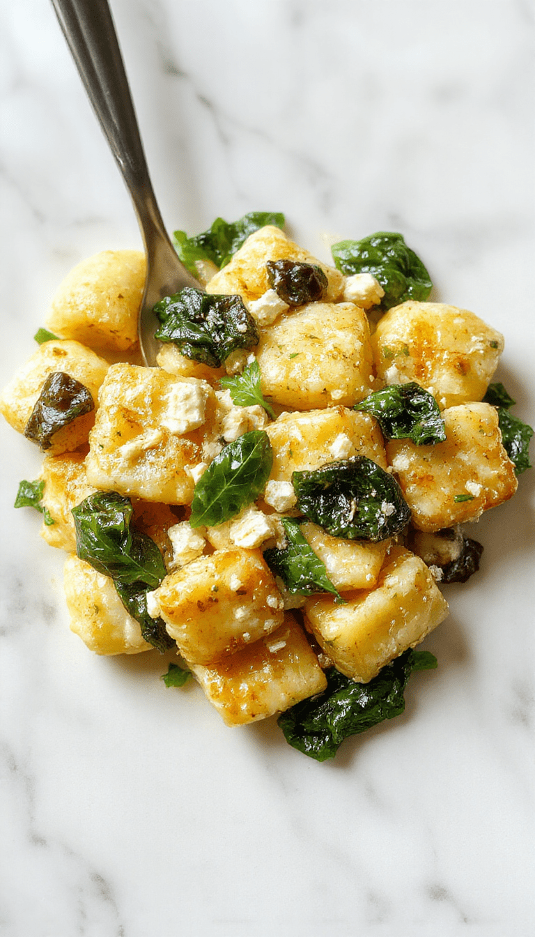 A steaming bowl of creamy gnocchi with fresh spinach and crumbled feta cheese garnished with herbs, served on a sleek white plate with a rustic background, showcasing the rich texture of the sauce and tender gnocchi, vibrant green spinach, and white feta.