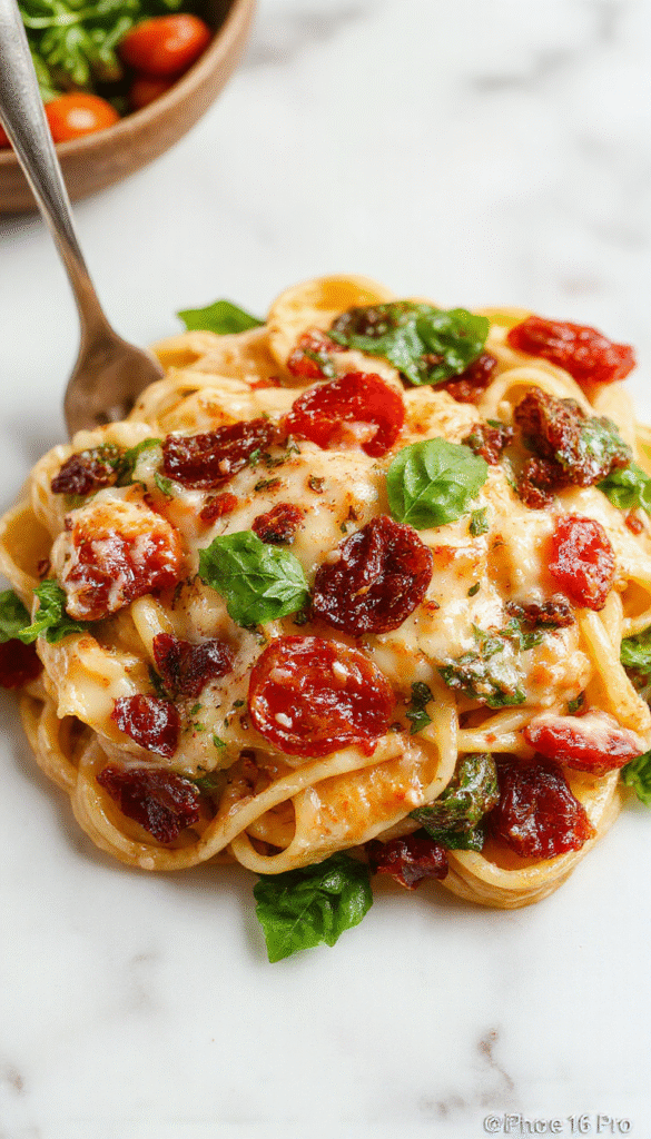 A vibrant plate of spaghetti beautifully presented with fresh spinach leaves and sun-dried tomatoes, coated in a rich, creamy tomato sauce with a hint of herbs, topped with grated Parmesan cheese. The dish is on a rustic wooden table with a fork twirling some noodles, colorful ingredients showcasing textures from smooth sauce to leafy greens and chewy sun-dried tomatoes.