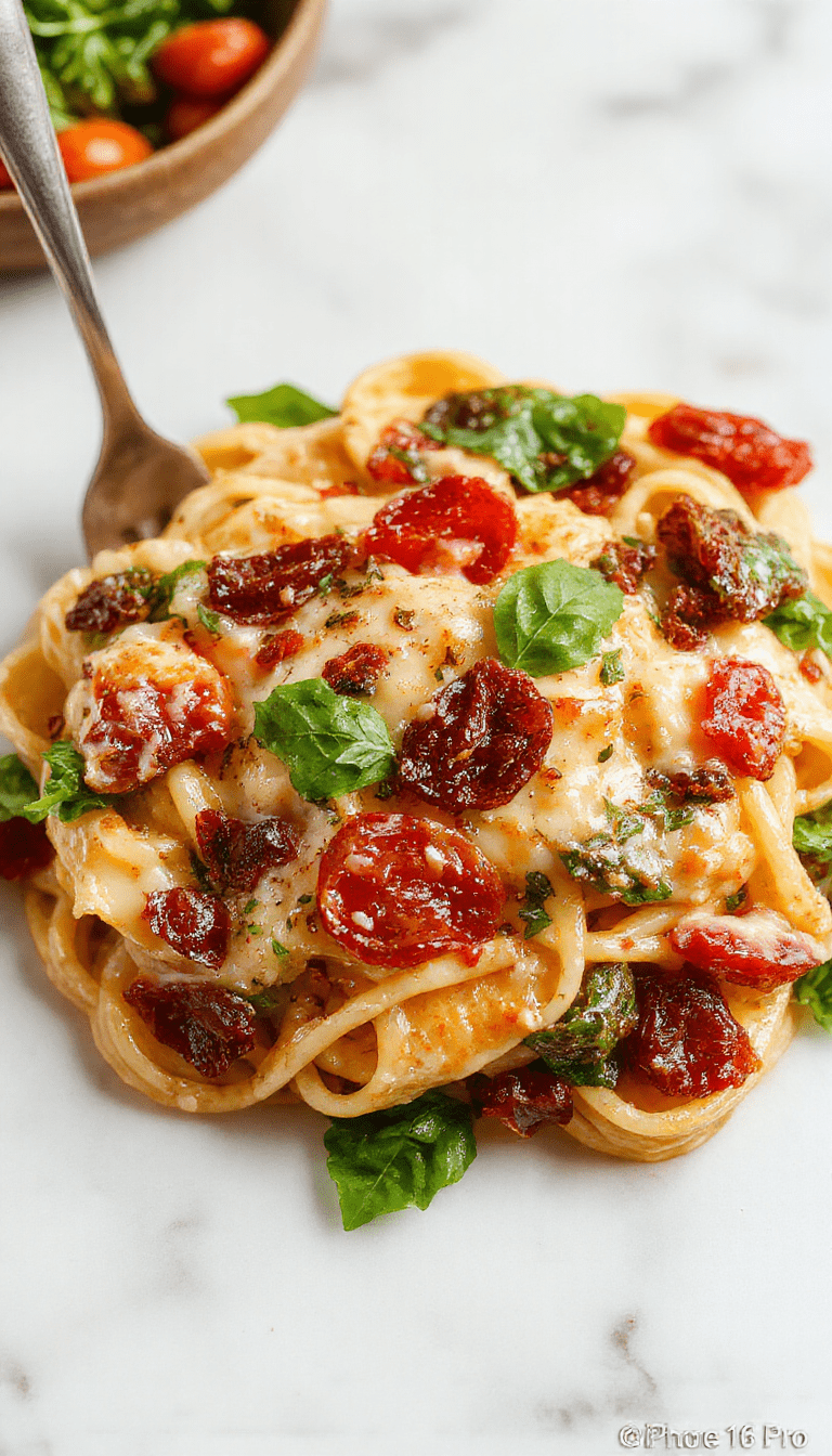 A vibrant plate of spaghetti beautifully presented with fresh spinach leaves and sun-dried tomatoes, coated in a rich, creamy tomato sauce with a hint of herbs, topped with grated Parmesan cheese. The dish is on a rustic wooden table with a fork twirling some noodles, colorful ingredients showcasing textures from smooth sauce to leafy greens and chewy sun-dried tomatoes.