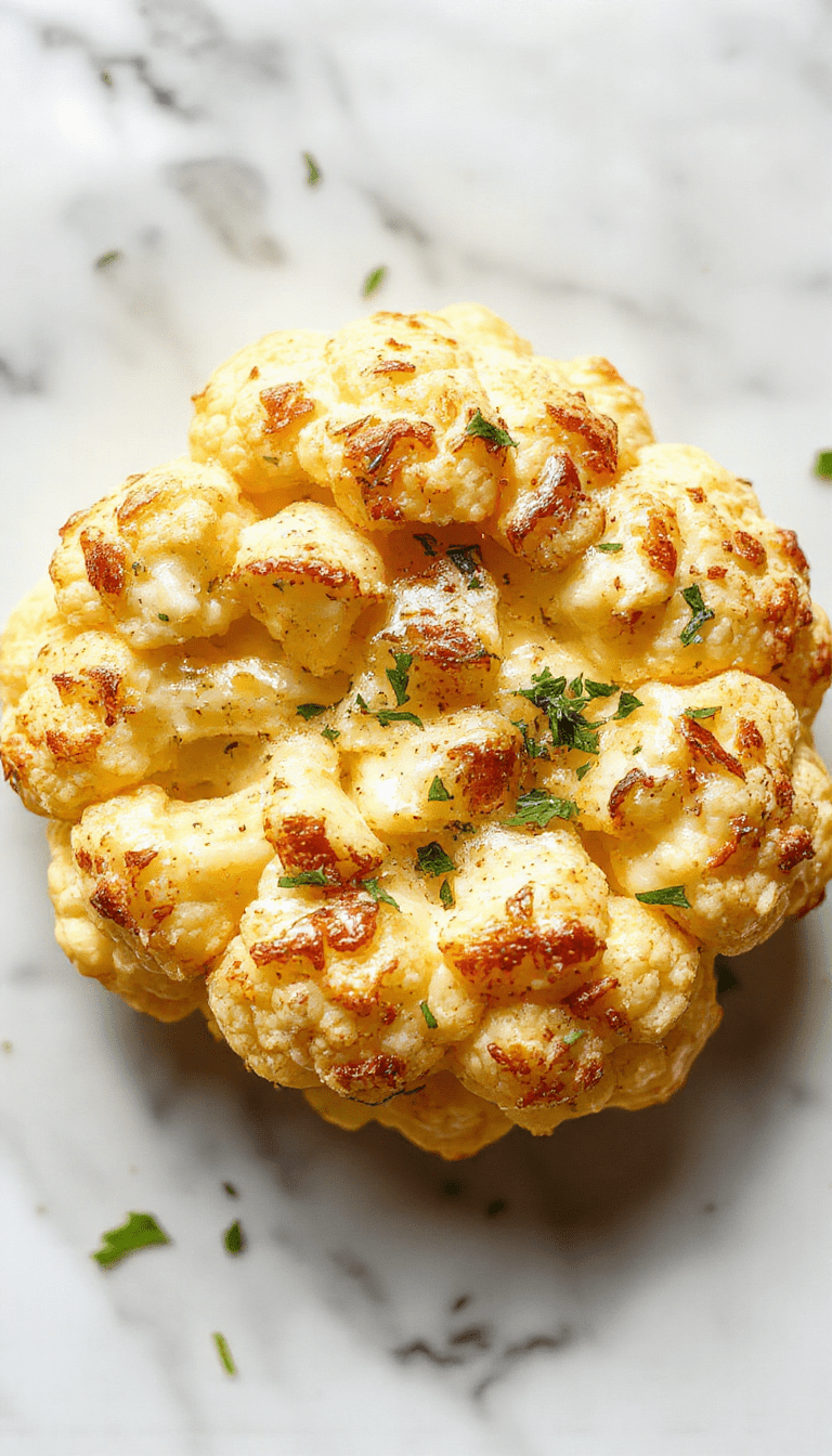 Vibrant golden cauliflower florets coated in a glossy, creamy vegan butter sauce are artfully arranged on a white plate. The cauliflower is garnished with fresh herbs, contrasting textures of tender and crisp create an inviting presentation, with a rustic wooden background enhancing the colorful, flavorful dish.