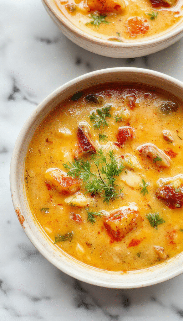 A vibrant bowl of creamy vegetable soup featuring colorful diced carrots, celery, and potatoes, topped with fresh herbs. The soup has a smooth, velvety texture, served in a white ceramic bowl on a rustic wooden table with a spoon and a sprig of parsley for garnish.