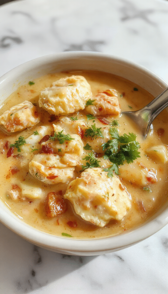 A creamy white chicken chili served in a rustic white bowl, garnished with chopped cilantro and shredded cheese. The chili has a smooth, velvety texture with tender chunks of chicken, white beans, and vibrant green cilantro topping. The bowl rests on a wooden surface with a spoon, and fresh ingredients like corn and bell peppers are subtly visible in the background.