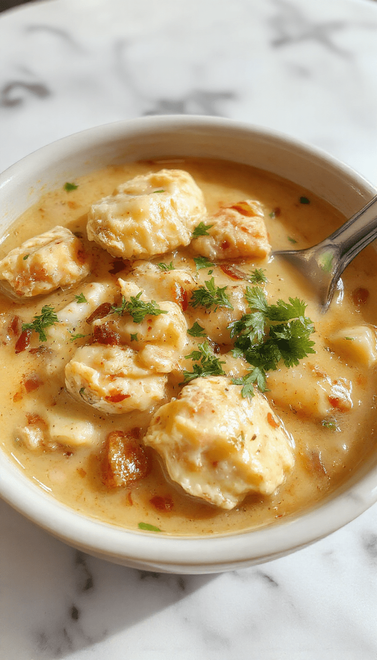 A creamy white chicken chili served in a rustic white bowl, garnished with chopped cilantro and shredded cheese. The chili has a smooth, velvety texture with tender chunks of chicken, white beans, and vibrant green cilantro topping. The bowl rests on a wooden surface with a spoon, and fresh ingredients like corn and bell peppers are subtly visible in the background.
