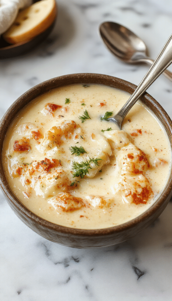 A vibrant bowl of white lasagna soup showcasing a creamy, cheesy broth on top of cooked pasta layers, garnished with fresh basil leaves, crispy garlic bread slices on the side, and a rustic wooden table background with a spoon ready to serve.