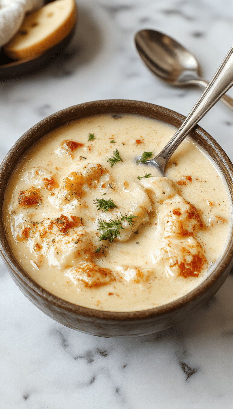 A vibrant bowl of white lasagna soup showcasing a creamy, cheesy broth on top of cooked pasta layers, garnished with fresh basil leaves, crispy garlic bread slices on the side, and a rustic wooden table background with a spoon ready to serve.
