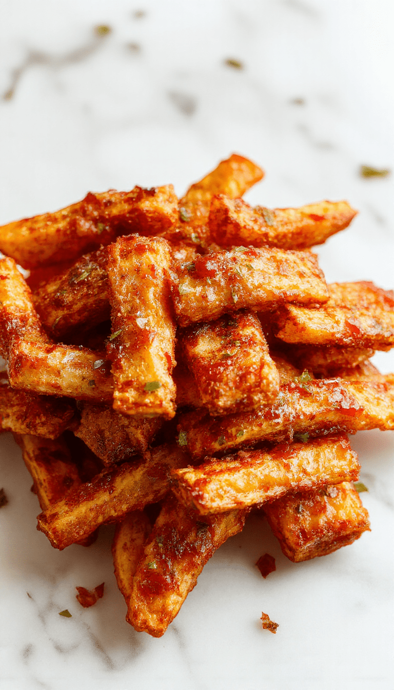 Colorful crispy sweet potato fries arranged on a rustic white plate, golden-brown edges with a hint of seasoning, garnished with fresh herbs for a vibrant presentation, textured exterior showing crispy surface contrasting with tender interior.