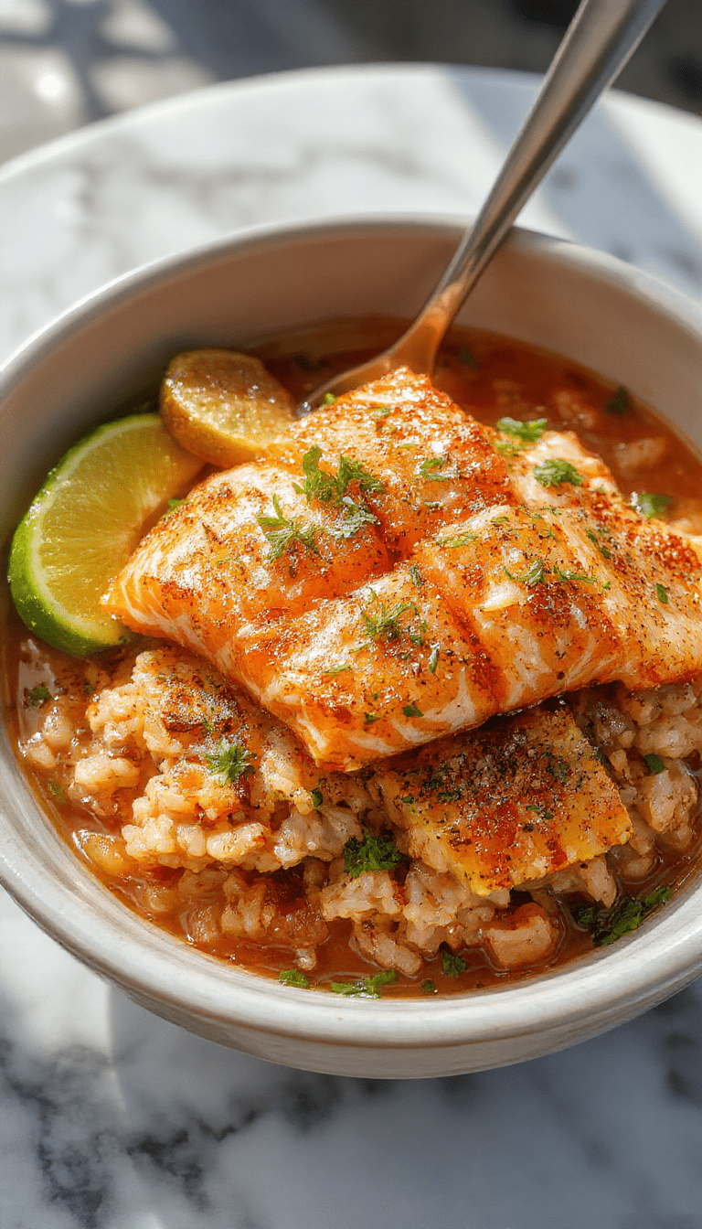 A vibrant and colorful plate featuring crispy glazed salmon atop fluffy steamed rice, garnished with chopped green onions and sesame seeds. The salmon has a golden-brown, crispy exterior with tender, flaky interior, set on a rustic wooden table with a side of fresh avocado slices and a drizzle of soy sauce.