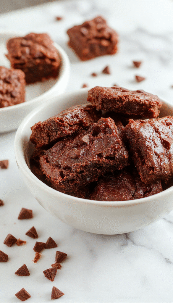 A close-up of rich, fudgy brownies with a glossy top layer, served on a rustic wooden platter. The brownies are cut into squares, showcasing their moist texture, with some crumbled edges. In the background, a glass of cold milk and scattered cocoa powder add inviting details, with warm ambient lighting highlighting their chocolatey appeal.