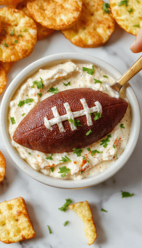 Colorful football dip in a clear bowl, topped with chopped green onions, melted cheese, and crispy bacon bits. The dip is surrounded by tortilla chips on a rustic wooden platter, with a football-themed tablecloth underneath. Vibrant reds and greens of the ingredients contrast with the creamy texture of the dip, styled for a festive sports gathering.
