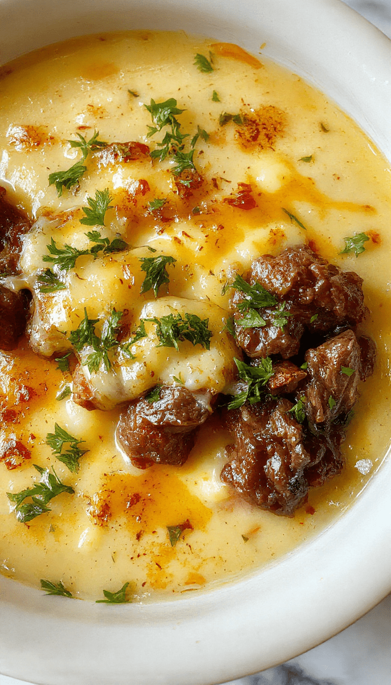 A creamy bowl of cheesesteak potato soup topped with melted cheese, sliced steak, and fresh herbs. The vibrant orange color of the soup contrasts with the creamy white cheese and the browned steak pieces, all presented in a rustic white bowl on a wooden table with a sprig of parsley garnish. The textures appear rich and inviting, emphasizing comfort and gourmet appeal.