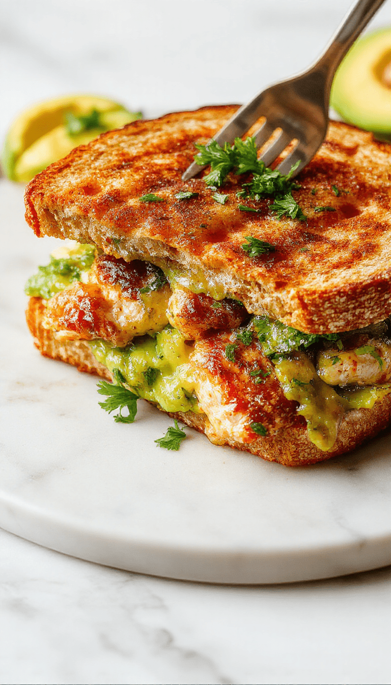 A vibrant close-up of a toasted chicken avocado melt sandwich showcasing golden-brown bread, creamy avocado slices, melted cheese, and tender grilled chicken, garnished with fresh herbs on a rustic wooden plate.