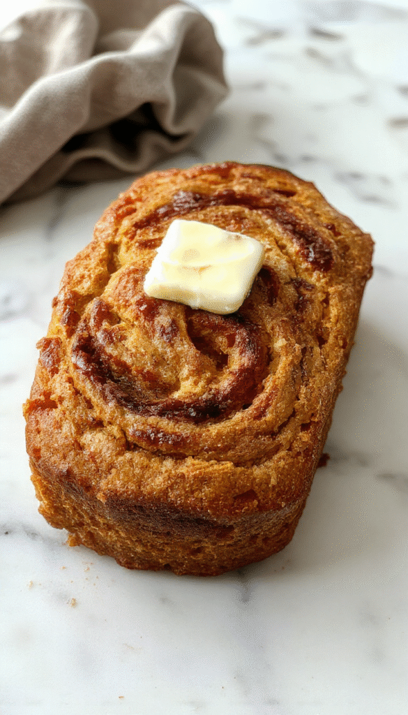 A close-up of a sliced pumpkin bread loaf featuring a cinnamon swirl pattern on a rustic wooden table, topped with a dollop of butter and garnished with cinnamon sticks and pumpkin seeds, showcasing its moist texture and warm autumn colors.